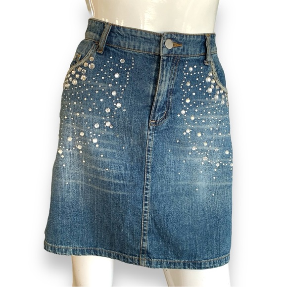 CACHE’ RHINESTONE DENIM MINI SKIRT. WOMEN’S SIZE 4 - Picture 1 of 5